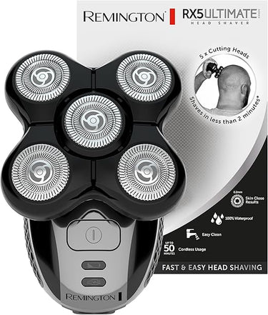 Remington Afeitadora Cabeza Hombre 5 cabezales: afeitado en 2 min Ultimate Series RX5 apura hasta 0,2 mm, autonomía de 50 min, resistente al agua, cuchillas flexibles, neceser de viaje XR1501